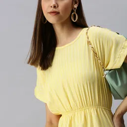 SHOWOFF Women Yellow Striped Crepe Blouson Dress-image-6