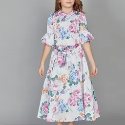 Peppermint Girls Floral Print Puff Sleeve Satin Maxi Dress With Belt-image-91