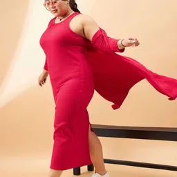 SASSAFRAS Curve Plus Size Red Ribbed Sleeveless Sheath Midi Dress With Shrug-image-3