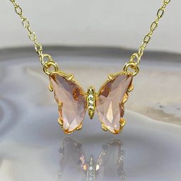 Vembley Gold-Plated Pink Crystal Butterfly Pendant Necklace-image-8