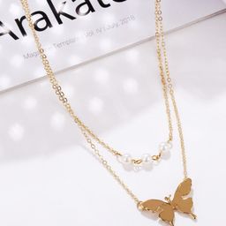Vembley Gold-Plated & White Layered Pearls & Butterfly Pendant Necklace-image-30