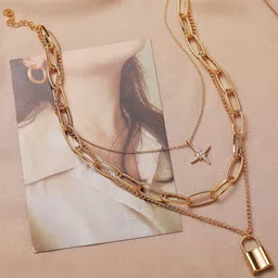 Vembley Gold-Plated Triple Layered Star & Lock Pendant Necklace-29