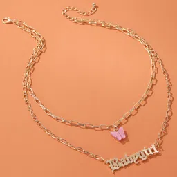 Vembley Gold-Plated & Pink Layered Butterfly & Baby girl Word Necklace-image-30