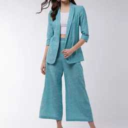 Zima Leto Women Green Solid Chambray Blazer with Trousers-picture-10