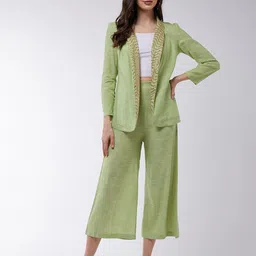 Zima Leto Women Green Embellished Cotton Blazer with Palazzos-picture-30