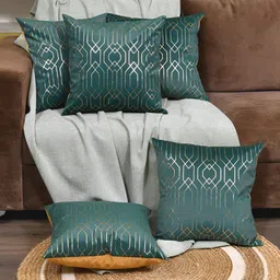 Clasiko Green & Gold-Toned 5 Pcs Geometric Velvet Square Cushion Covers-19