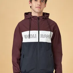 People Burgundy Colourblocked Long Sleeves Hooded Bomber Jacket-picture-57
