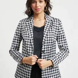FableStreet Checked Single-Breasted Notched Lapel Satin Blazer-55