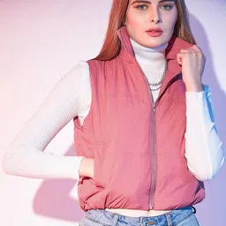 STREET 9 Pink Stand Collar Lightweight Sleeveless Crop Puffer Jacket-image-7
