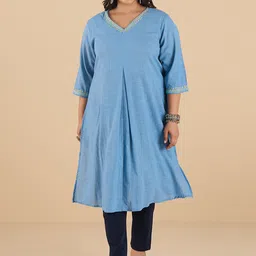 Big Hello - The Plus Life V-Neck Thread Work Pure Cotton Straight Kurta-picture-38