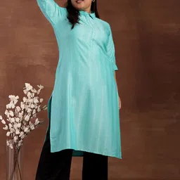 EXTRA LOVE BY LIBAS Plus Size Mandarin Collar Striped Cotton Straight Kurta-14