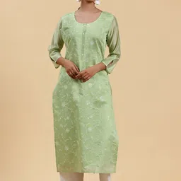 Libas Round Neck Thread Work Chanderi Silk Straight Kurta-image-42