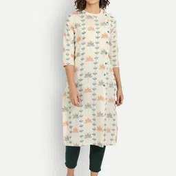 Haute and Humble Women Cream-Coloured & Blue Floral Printed Floral Kurta-image-46