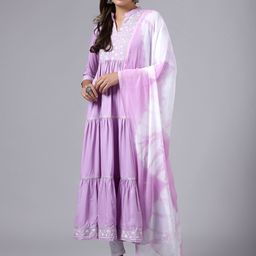 KALINI Floral Embroidered Tiered Kurta With Dupatta-picture-32