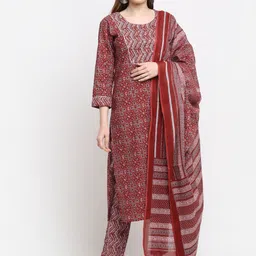 KALINI Women Maroon Ethnic Motifs Printed Aari Work Cotton Kurta with Trousers & Dupatta-picture-1