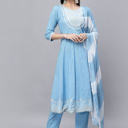 Stylum Women Blue Embroidered Panelled Thread Work Pure Cotton Kurta with Trousers & With Dupatta-36