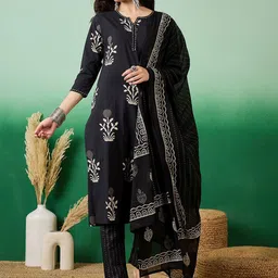 Vastramyaa Floral Printed Sequinned Pure Cotton Straight Kurta With Trousers & Dupatta-image-74