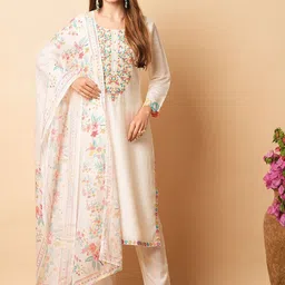 FASHOR Floral Embroidered Sequinned Pure Cotton Straight Kurta With Trousers & Dupatta-picture-46