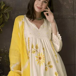 Anouk Embroidered Pleated Chikankari Pure Cotton A-Line Kurta With Trousers & Dupatta-picture-0