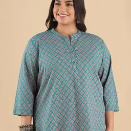 Big Hello - The Plus Life   Ethnic Printed Mandarin Collar Pure Cotton Kurti-image-51