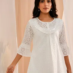 Libas Self Design Schiffli Bell Sleeves Pure Cotton A-Line Kurti-image-43