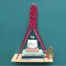 VAH Kya Bat Hai !! Pink Macrame Diamond Design Wooden Wall Hanging Shelf with Rope-picture-56