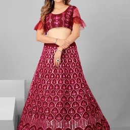 SHOPGARB Maroon Embellished Sequinned Semi-Stitched Lehenga & Unstitched Blouse With Dupatta-image-60