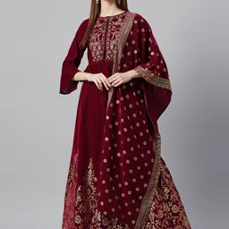 Juniper Maroon & Gold-Toned Embroidered Ready to Wear Lehenga & Blouse With Dupatta-16