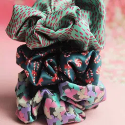 Tossido Women Green & Teal Set of 3 Printed Satin Fluffy Scrunchies image 3