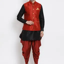 VASTRAMAY Mandarin Collar Kurta With Dhoti Pants & Nehru Jacket-picture-2
