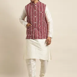 SOJANYA Men Off White & Maroon Solid Kurta with Churidar & Embroidered Nehru Jacket-31