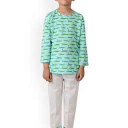 frangipani Unisex Kids Green & White Graphic Printed Pure Cotton Night Suit-image-33