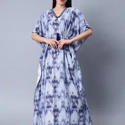 NIGHTSPREE Abstract Printed V-Neck Flared Sleeves Tie-Ups Detail Maxi Kaftan Dress-10