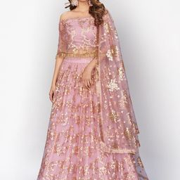 SHOPGARB Pink & Gold-Toned Sequinned Semi-Stitched Lehenga & Unstitched Blouse & Dupatta-picture-2
