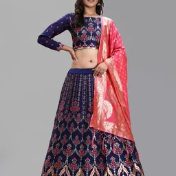 DIVASTRI Pink & Navy Blue Banarasi Semi-Stitched Lehenga & Unstitched Blouse With Dupatta-picture-14