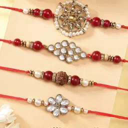 KARATCART Men Set of 4 Gold Plated Red Handmade Kundan Rakhi-picture-5