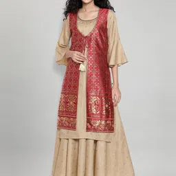 AURELIA Women Maroon & Beige Ethnic Motifs Printed Regular Kurta with Palazzos & Jacket-3