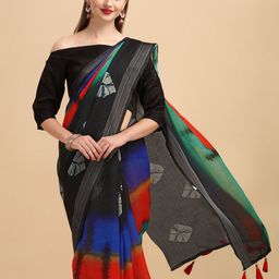 Sangria Black & Red Beads and Stones Pure Linen Saree-image-22