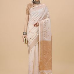 Mitera Beige & Gold-Toned Ethnic Motifs Embroidered Pure Linen Saree-picture-44