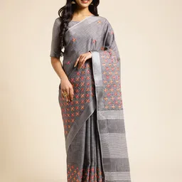 ALAGINI Floral Embroidered Pure Linen Chanderi Saree-picture-13