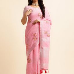 ALAGINI Geometric Embroidered Pure Linen Saree-image-47