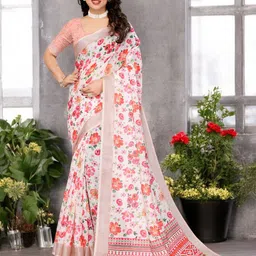 The Textile Hub Floral Printed Pure Linen Saree-image-67