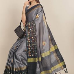 Mitera Grey & Gold-Toned Ethnic Motifs Embroidered Silk Cotton Saree-picture-2