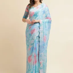 Mitera Blue & Pink Floral Beads and Stones Pure Chiffon Saree-picture-11