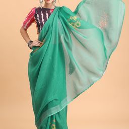 Sangria Sea Green & Pink Floral Embroidered Pure Linen Saree-picture-17