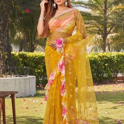 Tikhi Imli Yellow Embellished Mirror Work Net Ruffle Saree-15