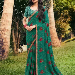Saree mall Sea Green Red Floral Poly Chiffon Sarees-picture-20