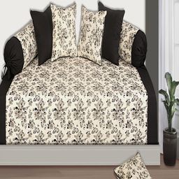 SHADES of LIFE Black & Cream 8 Pcs Floral Printed Cotton Diwan Set-44
