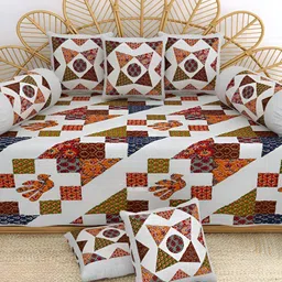 LIVING ROOTS  White & Green 8 Pieces Printed Pure Cotton Diwan Set-image-92