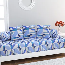 HOME AFFAIRS 6 Pcs Blue & White Printed Pure Cotton Diwan Set-picture-4